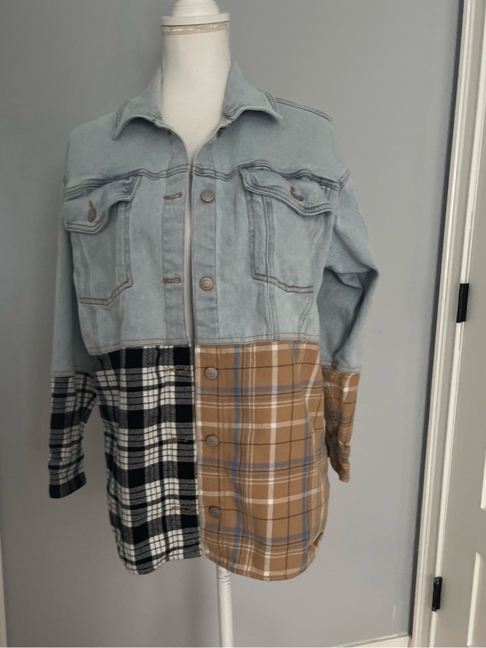 SO Patchwork Jean Shirt Jacket  in Light Blue, Black & Brown Plaid size XS